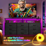 EnHomee 55” W Dresser, Black Dresser for Bedroom with Power Outlet & LED Lights for 65" TV Stand for Bedroom Dresser with 9 Fabric Drawers, Sturdy Dressers for Bedroom, Closet, Entryway EnHomee