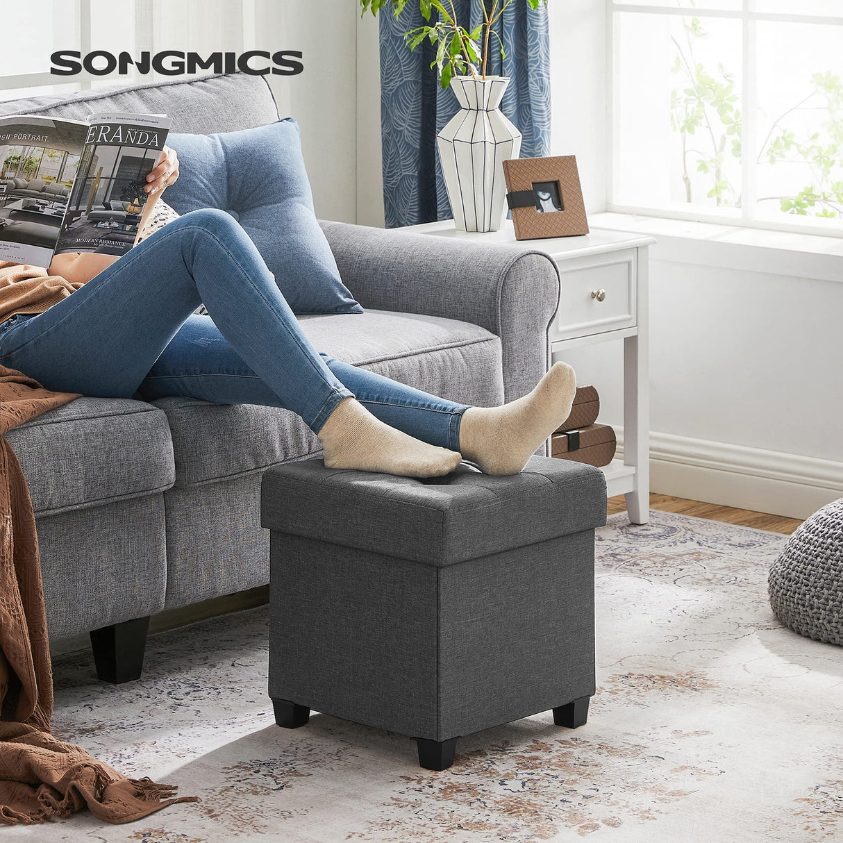 SONGMICS 15 Inches Cube Storage Ottoman, Bedroom Bench with Storage, Foot Stool with Feet, Holds Up to 660 lb, Dark Gray ULSF14GYZ SONGMICS