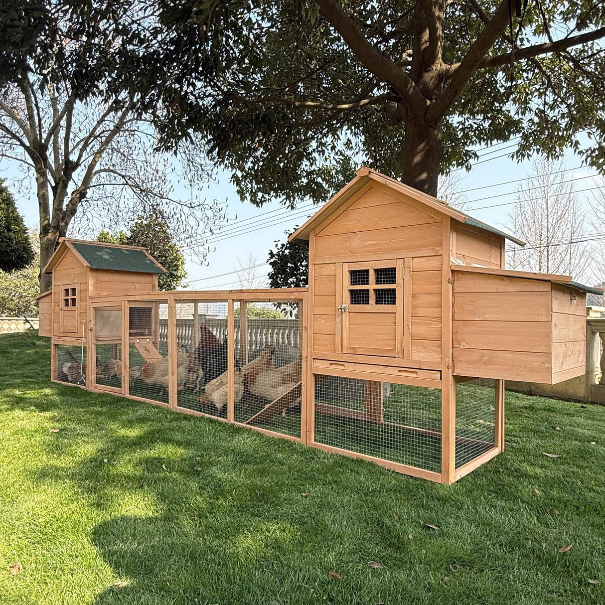 Outdoor Chicken Coop for 4-8 Chickens Wooden Hen Rabbit House Poultry Pet Hutch Run Cage w/Waterproof Asphalt Roof, Ramp, Nesting Box, Wire Fence (160") GOJOOASIS