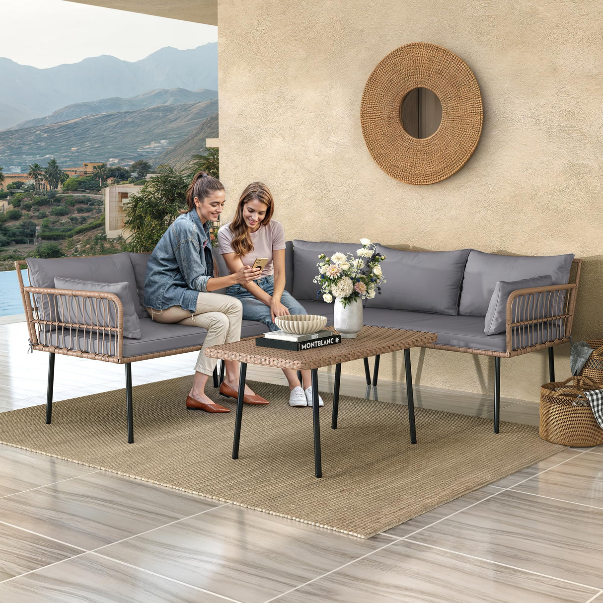 YITAHOME 4-Piece Wicker Patio Furniture Set, All Weather PE Rattan Conversation Set Sectional Sofa with Soft Cushions & Side Table, Porch Furniture for Deck, Balcony, Backyard - Grey YITAHOME