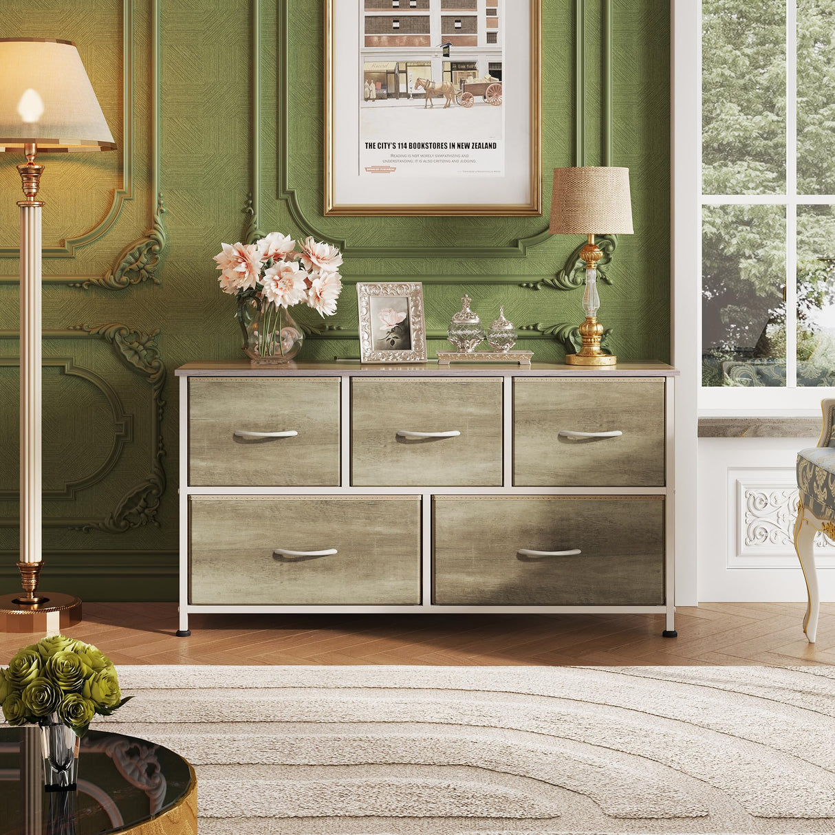 WLIVE Dresser for Bedroom with 5 Drawers, Wide Chest of Drawers, Fabric Dresser, Storage Organizer Unit with Fabric Bins for Closet, Living Room, Hallway, Greige Oak WLIVE