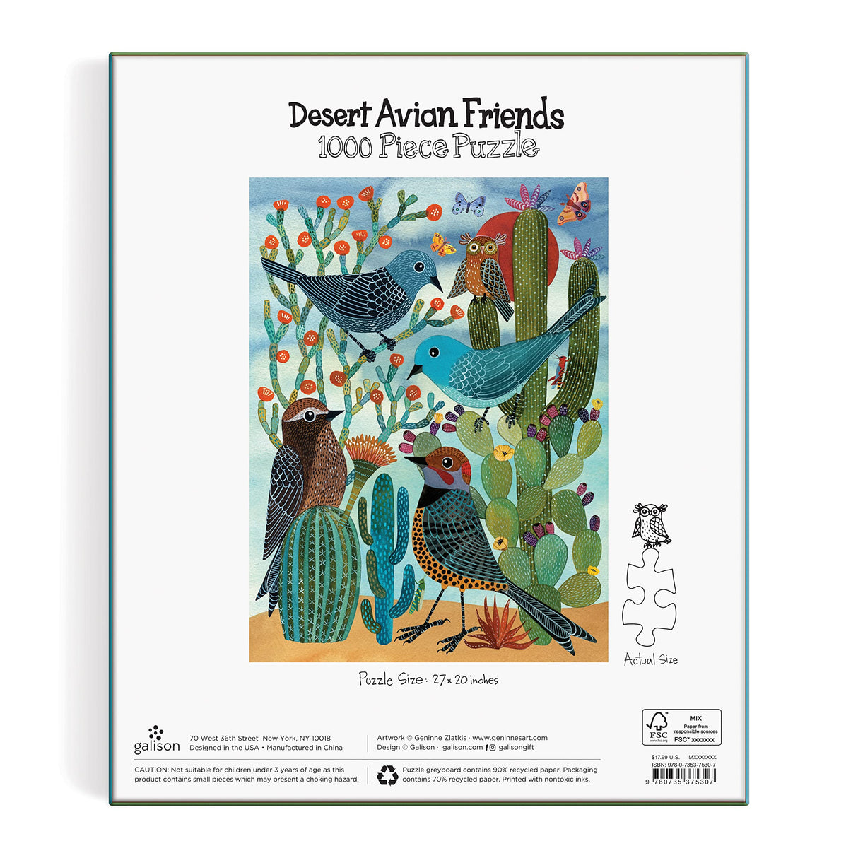 Galison Desert Avian Friends 1000 Piece Puzzle from Galison - 20" x 27" Beautifully Illustrated Puzzle from Geninne Zlatkis, Thick & Sturdy Pieces, Challenging Activity for Adults, Unique Gift Idea! Galison
