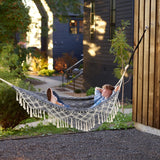 Backyard Hammock with Tassels,Garden Hammocks with Portable Carry,Bag Deluxe Macrame Fringe for Patio,Garden,Backyard,Beach,Outdoor and Indoor Porch Fabric, Up to 450Lbs (Blue-Diamond) ROOITY