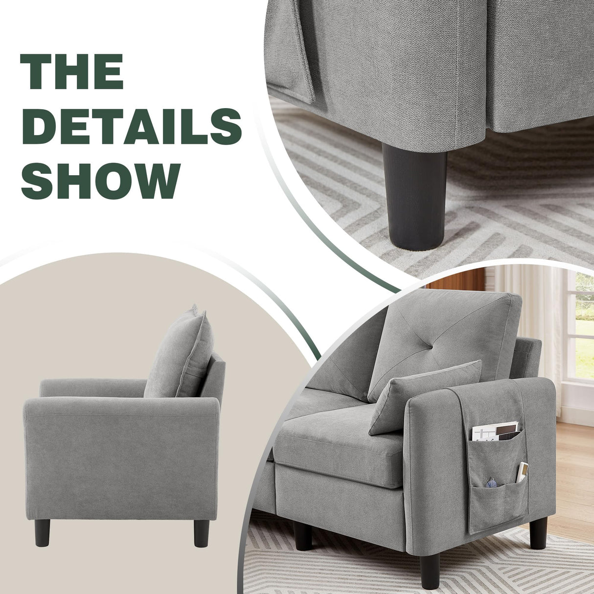 Portaforta Sectional Sofa Set, 77" Convertible Sofa and Accent Chair, Small 3 Seat L Shaped Couch with Storage Ottoman and Side Pockets, Modern Couch for Living Room, Office, Apartment, Light Grey Portaforta