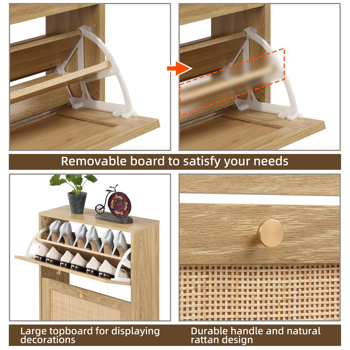 Finnhomy 3 Tier Shoe Cabinet with Natural Rattan Flip Drawers for Entryway, Free Standing Slim Shoe Storage Organizer with Large Top Board, Shoe Cabinet with Adjustable Width Drawers, Natural Finnhomy