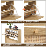 Finnhomy 3 Tier Shoe Cabinet with Natural Rattan Flip Drawers for Entryway, Free Standing Slim Shoe Storage Organizer with Large Top Board, Shoe Cabinet with Adjustable Width Drawers, Natural Finnhomy