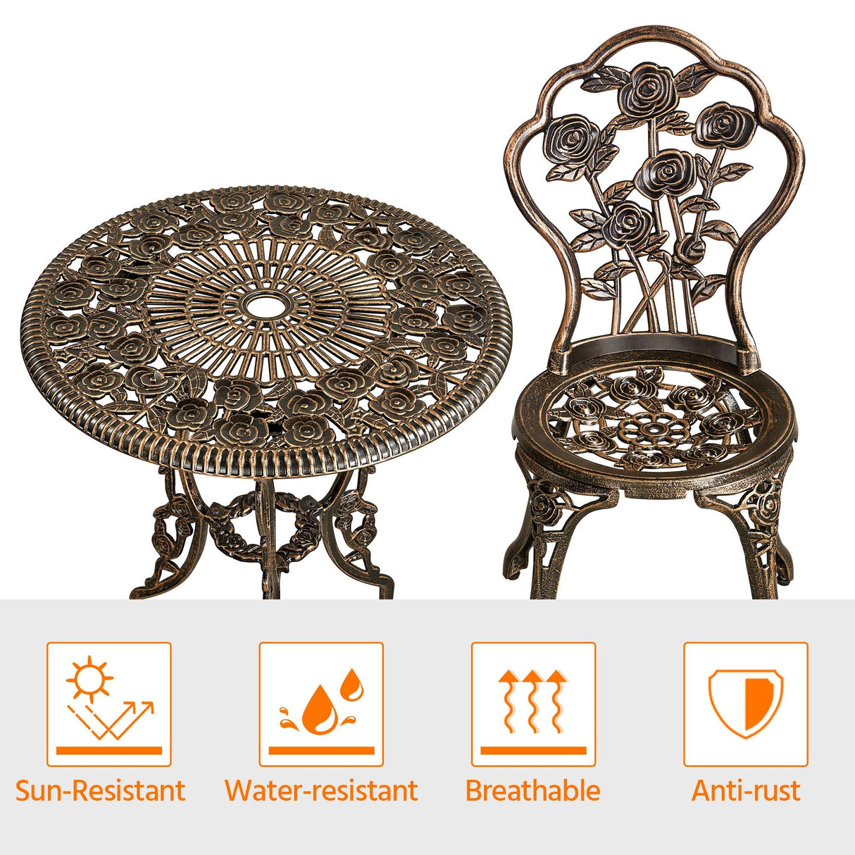 Yaheetech 3-Piece Outdoor Bistro Set w/Rose Design, Rust-Resistant Cast Aluminum Table and Chairs w/Umbrella Hole for Balcony Backyard Garden - Bronze Yaheetech
