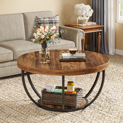 Tribesigns Round Coffee Table, Industrial 2-Tier Circle Coffee Table with Storage Shelves, Modern 31.7" Wooden Accent Center Table for Living Room, Home Office, Rustic Brown - WoodArtSupply