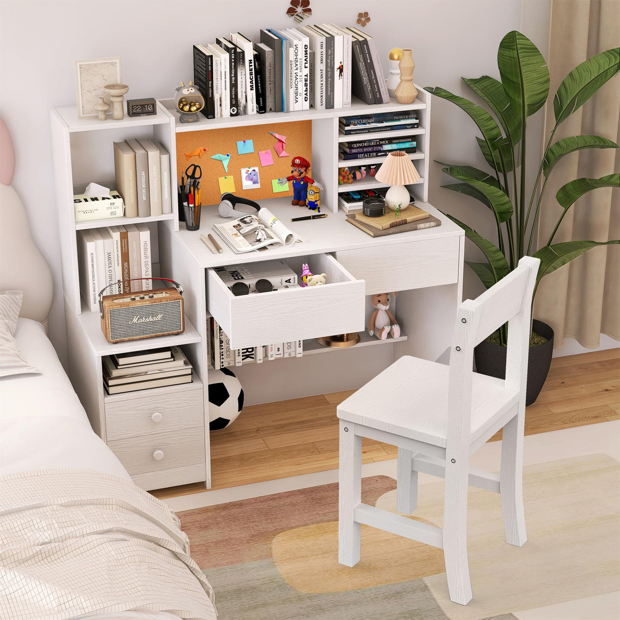 RUPOLX White Kids Desk and Chair Set for 5-12 Year Old, Childrens Computer Desk with 4 Drawers, Kids Study Table with Storage Shelf -Ck5-40 RUPOLX