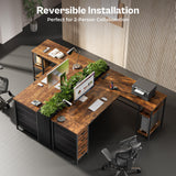 Huuger 55 Inch L Shaped Desk with Fabric Drawers, Reversible Computer Gaming Desk with Power Outlets and USB-C Port, Adjustable Side Storage Shelves, for Work Study Corner Home Office, Rustic Brown Huuger