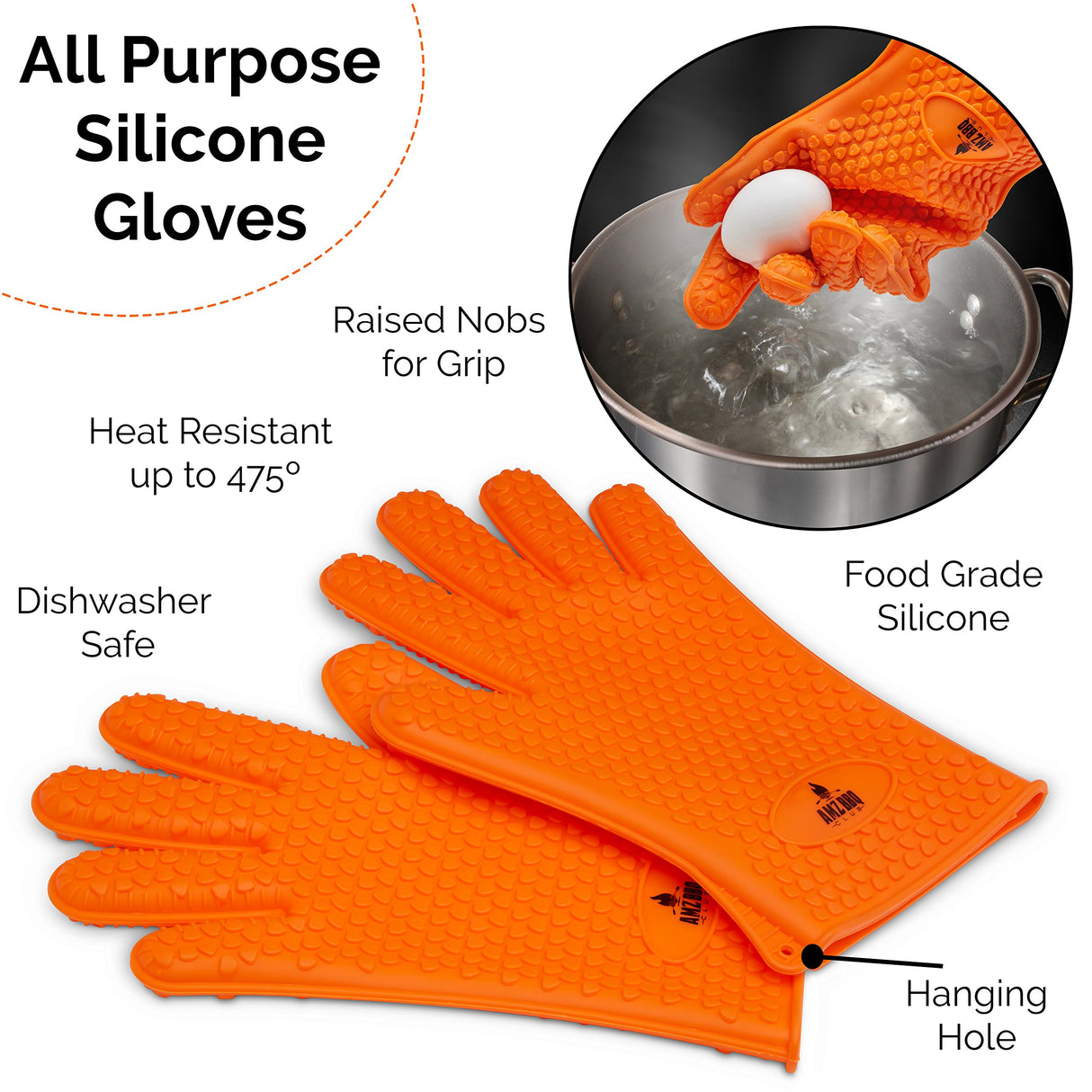 AMZ BBQ CLUB - Meat Claws Bbq Grill Accessories Set - 2 Silicone Gloves, Claws For Pulled Pork, BBQ Thermometer - Perfect Smoker Accessories Grilling Tools Gift Set For (Orange Glove-Thermometer-Claw) AMZ BBQ CLUB