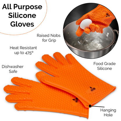 AMZ BBQ CLUB - Meat Claws Bbq Grill Accessories Set - 2 Silicone Gloves, Claws For Pulled Pork, BBQ Thermometer - Perfect Smoker Accessories Grilling Tools Gift Set For (Orange Glove-Thermometer-Claw)