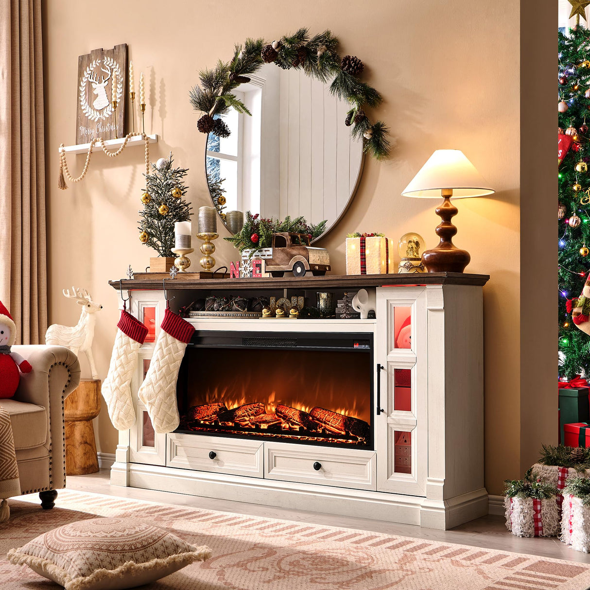 OKD Fireplace TV Stand for up-to-80 TV, Farmhouse 36" Tall Entertainment Center with 42" Electric Fireplace, Media Console with Glass Door Cabinets & Drawers for Living Room, Antique White OKD