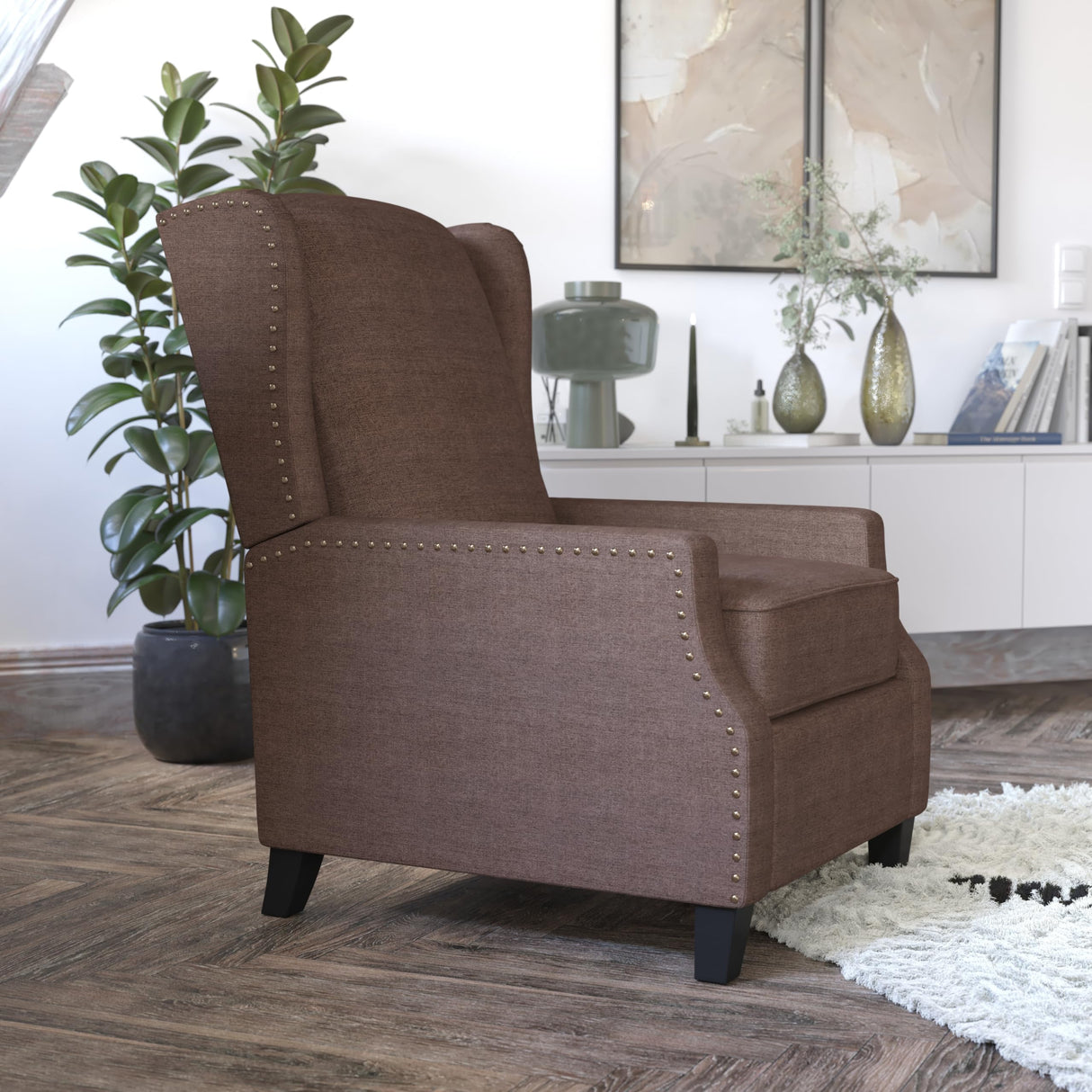 Flash Furniture Prescott Slim Wingback Recliner Chair - Traditional Push Back Recliner - Brown Polyester Fabric with Accent Nail Trim - Pocket Spring Seat Flash Furniture