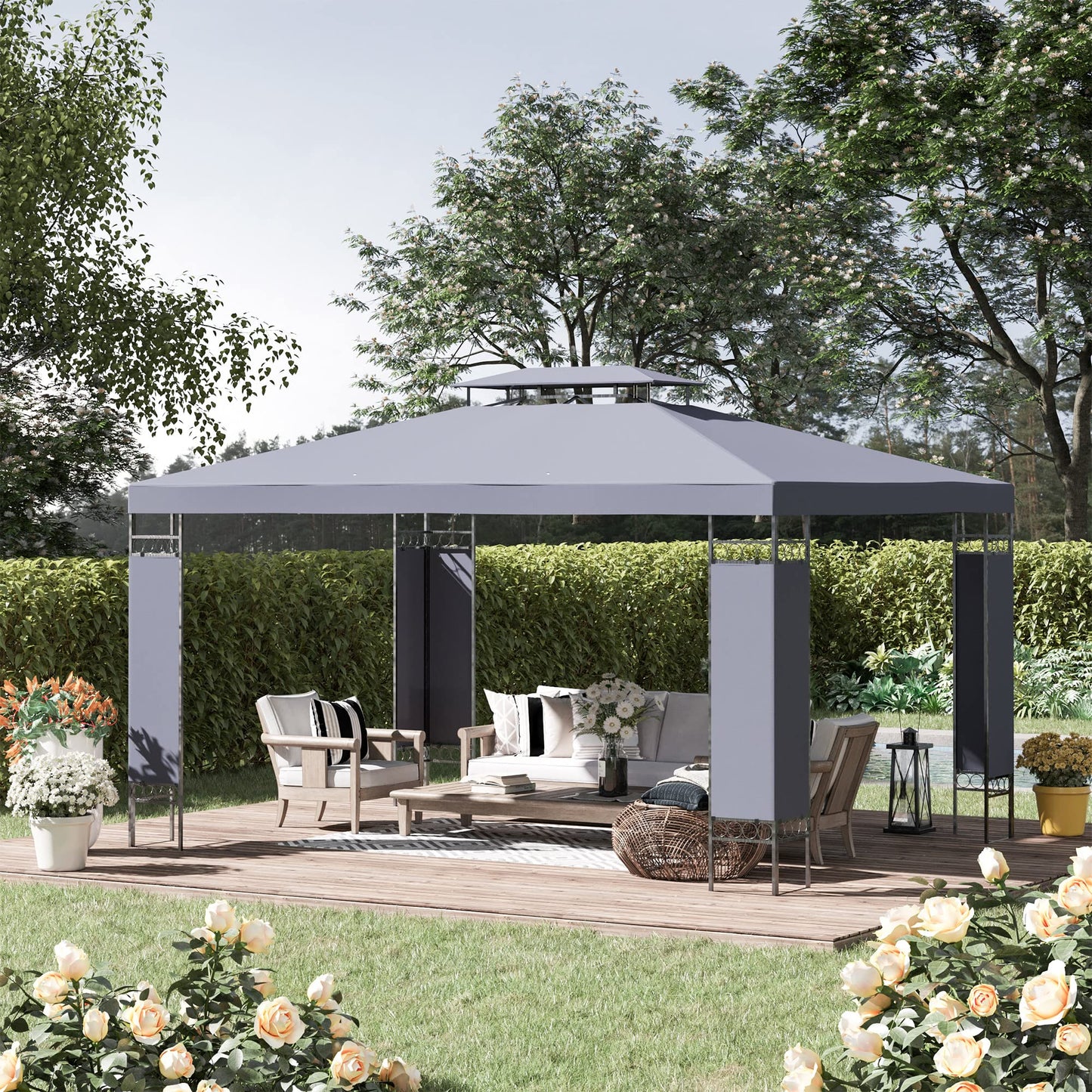 Outsunny 10' x 13' Patio Gazebo, Double Roof Outdoor Gazebo Canopy Shelter with Screen Decorate Corner Frame, for Garden, Lawn, Backyard and Deck, Gray - WoodArtSupply