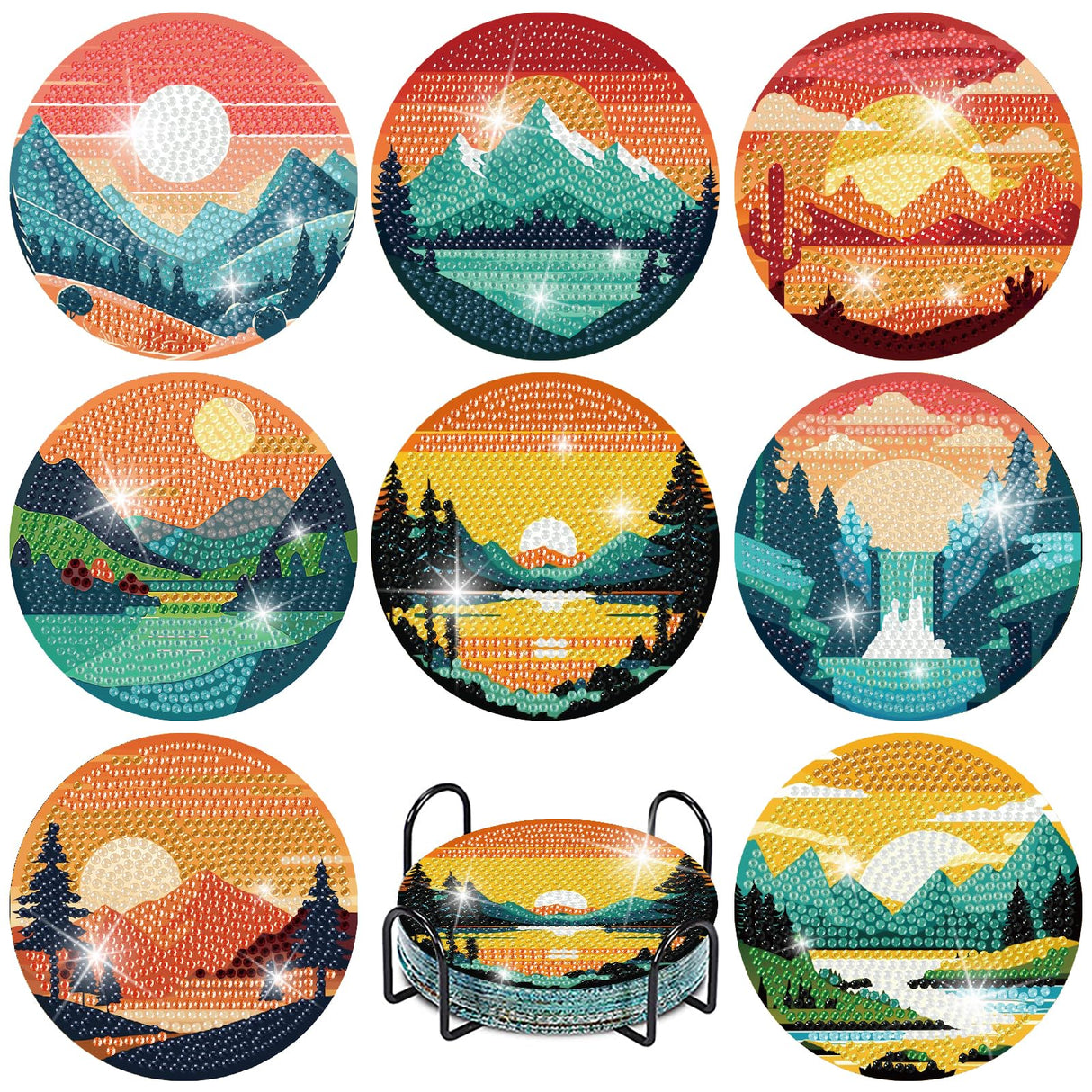 Clendo 8 Pcs Landscape Diamond Art Coasters Kit with Holder, Sunset Small Diamond Art Kits for Adults Beginners, Diamond Painting Coasters Arts and Crafts for Adults Supplies Item Sets Clendo