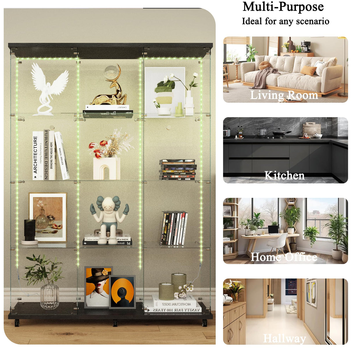 TRJQBCC 3 Column 2 Doors Tempered Glass Display Cabinet with LED Lights Strip, 4-Shelf Wooden Removable Curio Storage Cabinet with Casters, 65" H Lock Display Case Bookshelf for Home & Office (Black) TRJQBCC