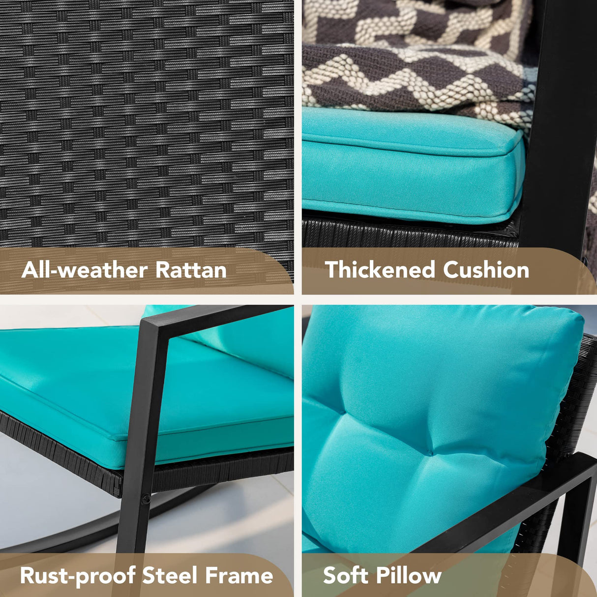 Devoko 3 Piece Rocking Bistro Set Wicker Patio Outdoor Furniture Porch Chairs Conversation Sets with Glass Coffee Table (Blue) Devoko