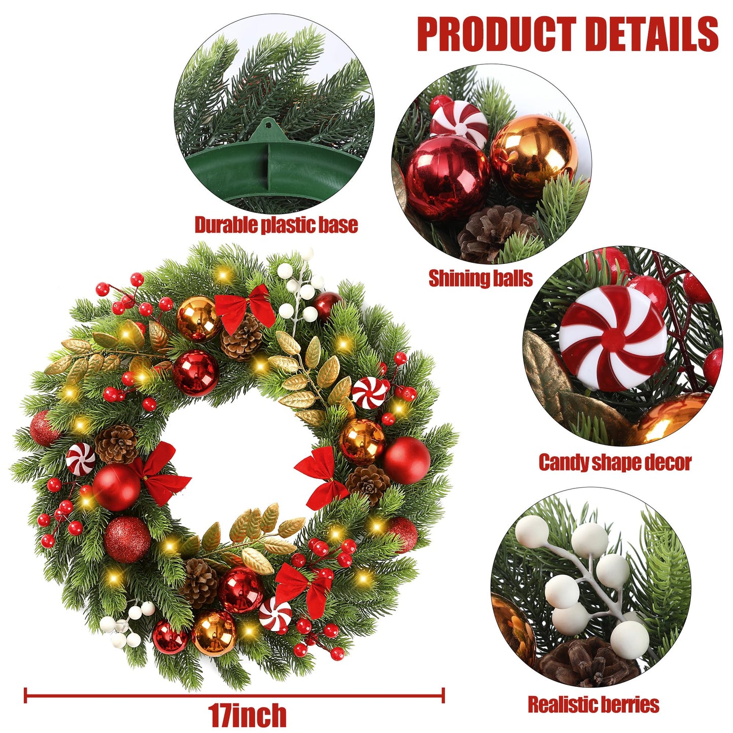 Sggvecsy 17 Inch Artificial Christmas Wreath for Front Door with 20 LED Lights Pine Needles Christmas Balls Red White Berries Pine Cones Bows Decoration for Winter Wall Outdoor Home Holiday Xmas Decor