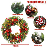 Sggvecsy 17 Inch Artificial Christmas Wreath for Front Door with 20 LED Lights Pine Needles Christmas Balls Red White Berries Pine Cones Bows Decoration for Winter Wall Outdoor Home Holiday Xmas Decor Sggvecsy