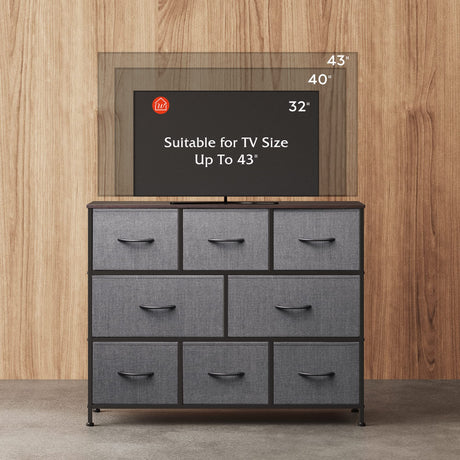 WLIVE Fabric Dresser, Storage Drawer Unit, Bedroom Dresser TV Stand for 32 40 43 inch TV, Wide Dresser with 8 Large Deep Drawers for Office, College Dorm, Dark Grey WLIVE