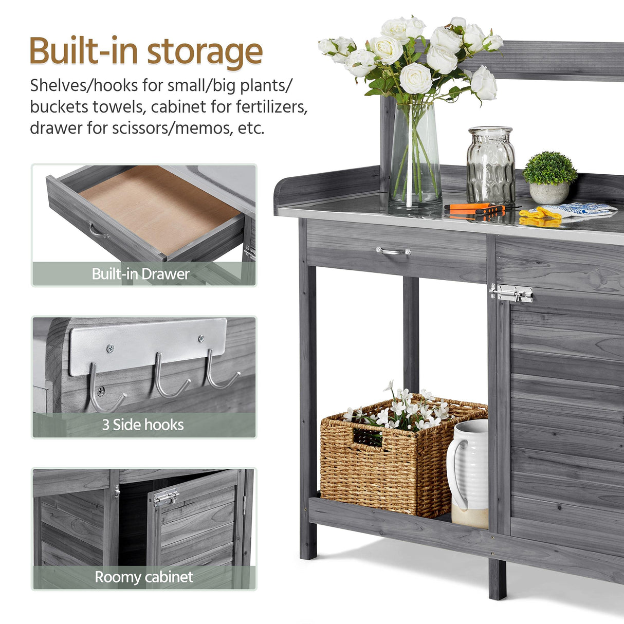 Topeakmart Garden Potting Bench Wooden Workstation Outdoor Wooden Potting Table W/Top Shelf & Lower Shelf & Cabinet Drawer & Open Shelf Gray Topeakmart