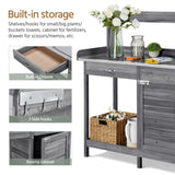 Topeakmart Garden Potting Bench Wooden Workstation Outdoor Wooden Potting Table W/Top Shelf & Lower Shelf & Cabinet Drawer & Open Shelf Gray Topeakmart