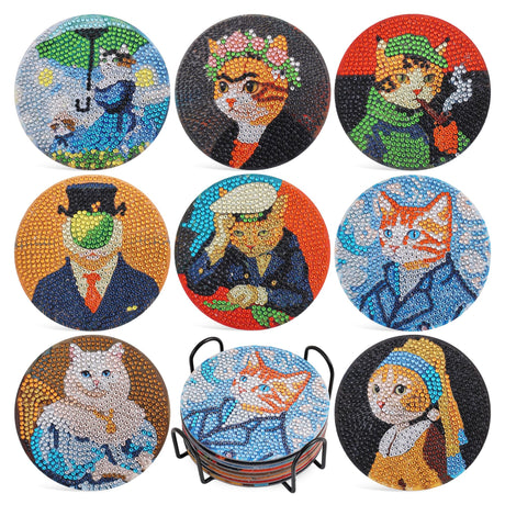 Whimsical Cat Masterpieces Diamond Art Painting Coasters Kits for Adult, 8Pcs DIY Crafts Non Slip Coaster Pads with Holder, Featuring Famous Art with Cats, Vibrant Resin Gems, Heat Resistant Drink Mat VYRANA