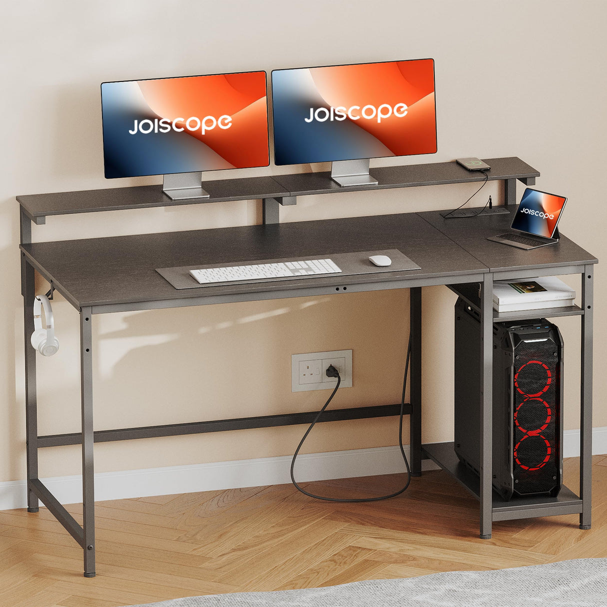 JOISCOPE Home Office Desk with Power Outlets (3AC, USB, Type-C), 60 × 20 Inch Computer Desk with Reversible Shelves, Laptop Table with Display Riser, Gaming Study Drafting Table for Bedroom, Black JOISCOPE