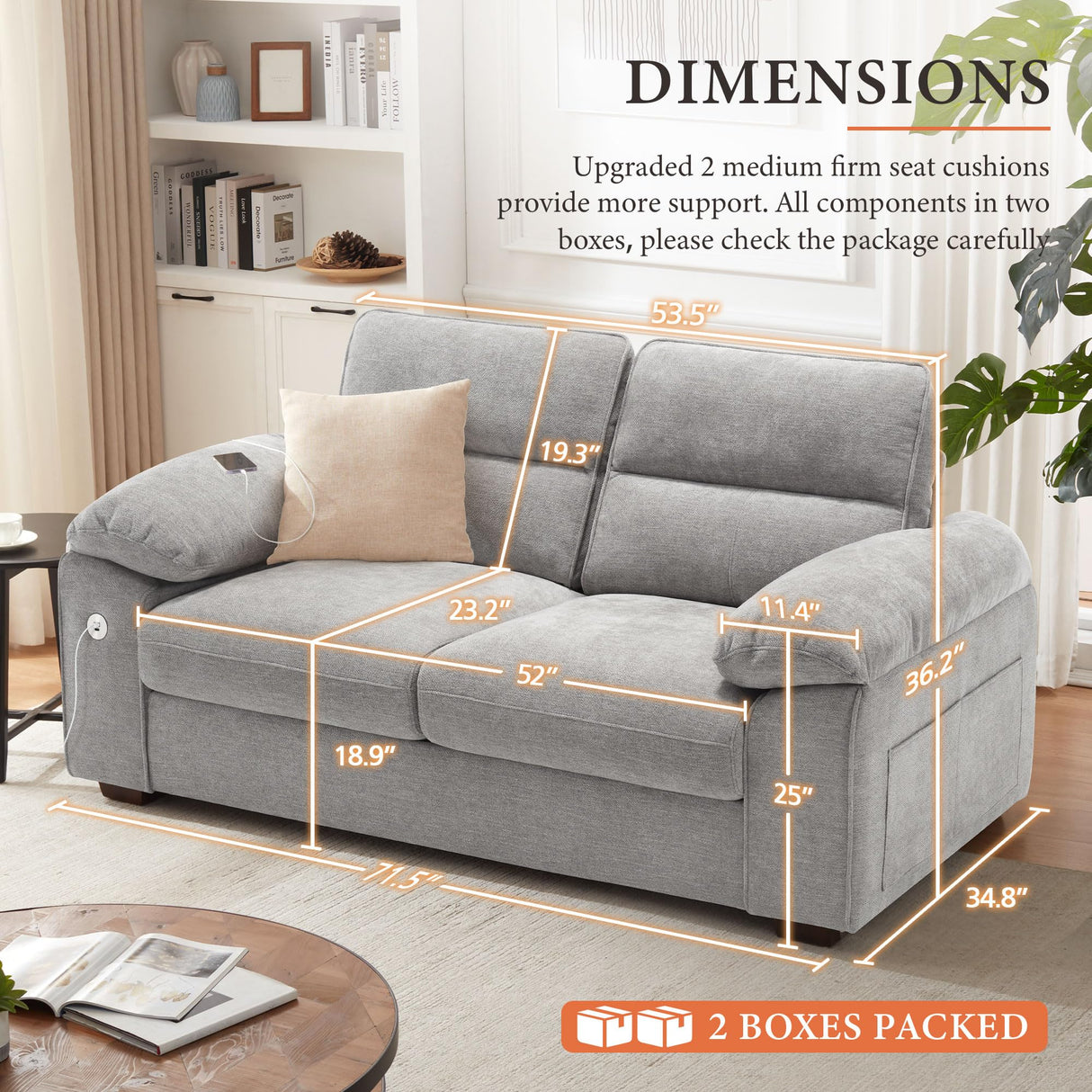 Ihanherry 71.5 Inch Loveseat Pillow-Armrest Sofa with USB/Type-C Charging Port, Modern 2-Seats Sofa for Living Room & Bedroom, Removable Medium Firm Cushion, Breathable Chenille Fabric, Grey Ihanherry