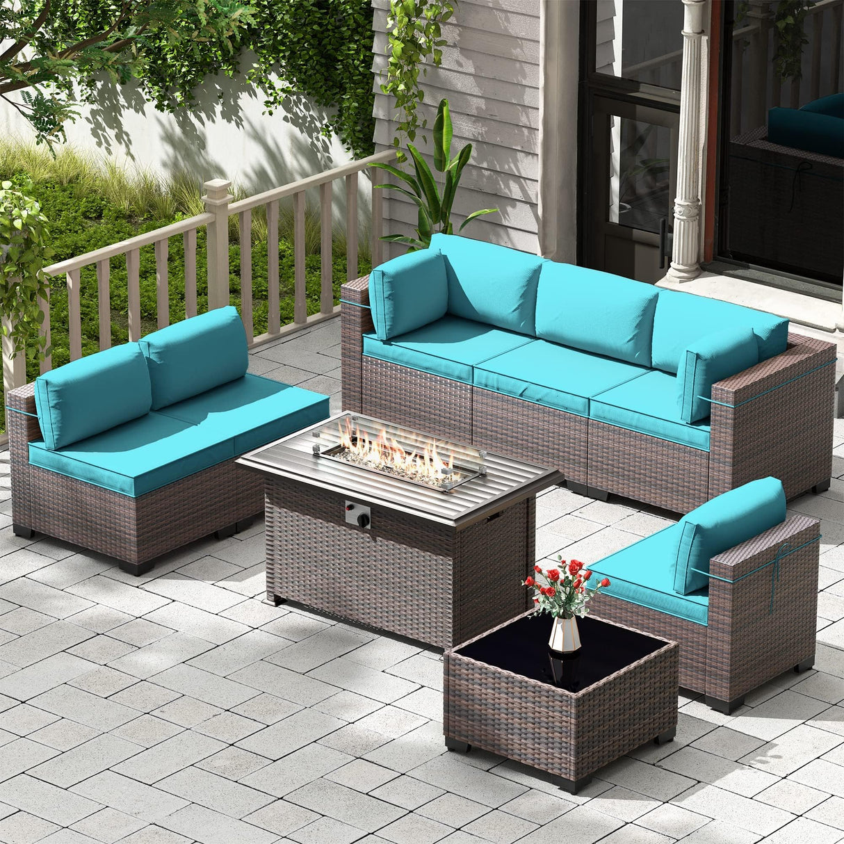 Kullavik 8 Pieces Outdoor Patio Furniture Set,Sectional Sofa Set with 43" 55000 BTU Gas Propane Fire Pit Table,Brown PE Rattan Wicker Patio Conversation Set,Turquoise Blue Kullavik