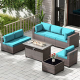 Kullavik 8 Pieces Outdoor Patio Furniture Set,Sectional Sofa Set with 43" 55000 BTU Gas Propane Fire Pit Table,Brown PE Rattan Wicker Patio Conversation Set,Turquoise Blue Kullavik