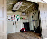 Duramax Woodbridge Plus 10.5 x 8 (8.02 m2) Plastic Garden Shed with 1 Fixed Window & Metal Foundation Kit, Strong Metal Roof Structure Fire Retardant and Maintenance-Free Storage Shed - Ivory/Brown DURAMAX