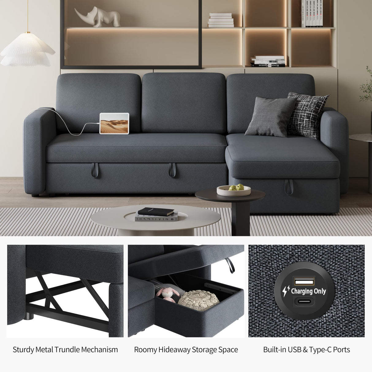 Yaheetech Sectional Sofa L-Shaped Sofa Couch Bed w/Chaise & USB, Reversible Couch Sleeper w/Pull Out Bed & Storage Space, 4-seat Fabric Convertible Sofa, Pull Out Couch for Living Room Dark Gray Yaheetech