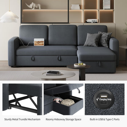 Yaheetech Sectional Sofa L-Shaped Sofa Couch Bed w/Chaise & USB, Reversible Couch Sleeper w/Pull Out Bed & Storage Space, 4-seat Fabric Convertible Sofa, Pull Out Couch for Living Room Dark Gray