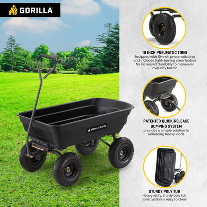 Gorilla Carts Poly Garden Dump Cart with Easy to Assemble Steel Frame, Camping Beach Wagon w/Quick Release System, 600 Pound Capacity, & 10 Inch Tires