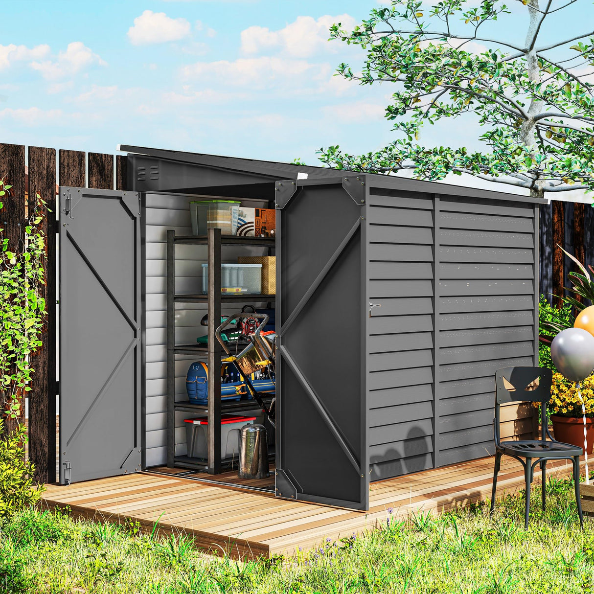 Outsunny 4.6' x 9' Steel Outdoor Storage Shed, Lean to Shed, Metal Tool House with Foundation Kit, Lockable Doors, Gloves and 2 Air Vents for Backyard, Patio, Lawn, Dark Gray Outsunny