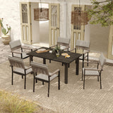 Sundale Outdoor Metal Dining Set for 6, 6-Piece Patio Dining Table and Stackable Rattan Chairs Set with Headrests and Cushions for Backyard, Garden, Deck, Light Gray Sundale Outdoor