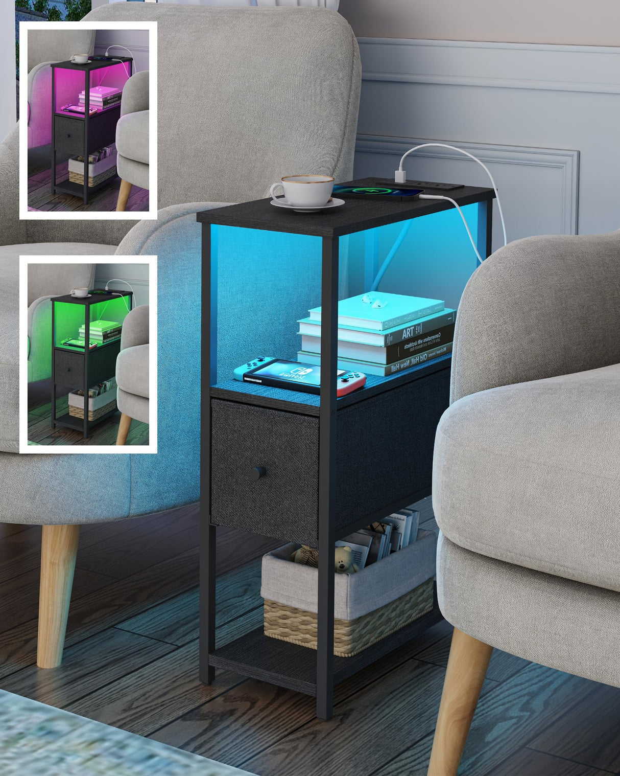 TUTOTAK Small Narrow LED End Table with Charging Station, Side Table Outlets, Nightstand with Cloth Drawer, Set of 2, Couch Table, for Living Room, Bedroom, Bedside, Black TB01BK059 TUTOTAK