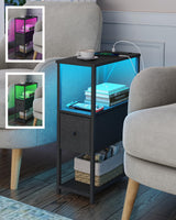 TUTOTAK Small Narrow LED End Table with Charging Station, Side Table Outlets, Nightstand with Cloth Drawer, Set of 2, Couch Table, for Living Room, Bedroom, Bedside, Black TB01BK059 TUTOTAK