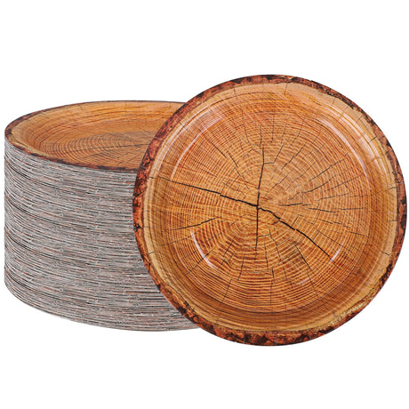 peony man 50 Count Wood Grain Paper Plates 9" Rustic Wood Slice Paper Plates Disposable Party Dinner Plates Farmhouse Round Paper Plate for Dining Table Decor Cut Timber Party Supplies peony man