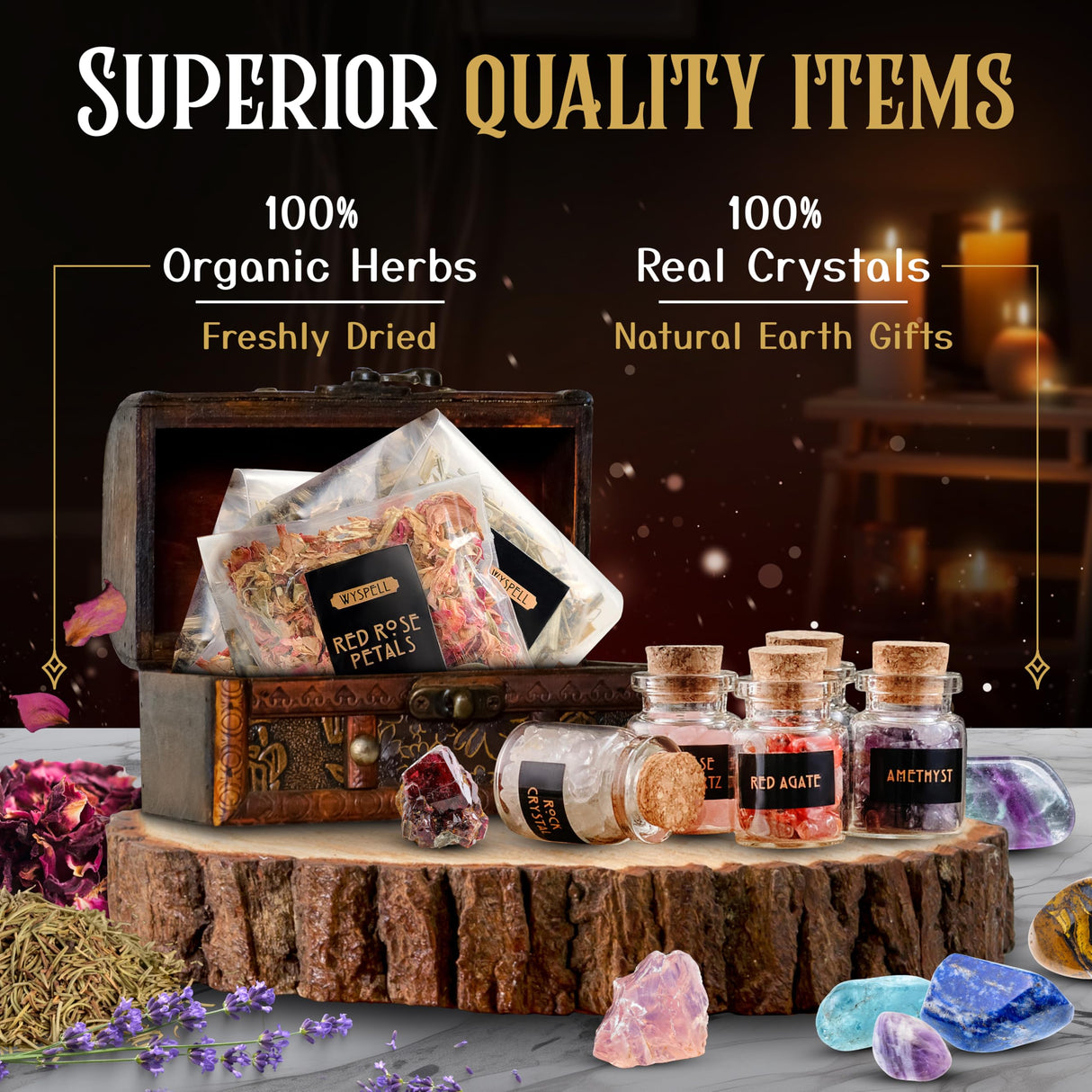 Witchcraft Supplies Kit for Witch Altar 54PCS - Spell Candles for Witches - Crystals Spell Jars for Witches - Herbs for Spells - Beginner Witch Starter Box - Witchcraft Kit Wyspell