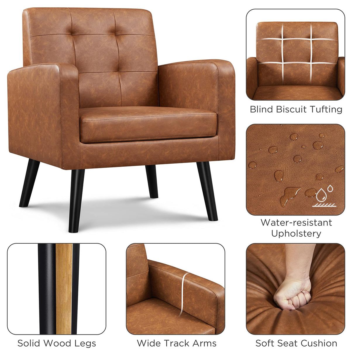 Yaheetech Mid-Century Accent Chairs, PU Leather Modern Upholstered Living Room Chair, Cozy Armchair Button Tufted Back and Wood Legs for Bedroom/Office/Cafe, Retro Brown Yaheetech