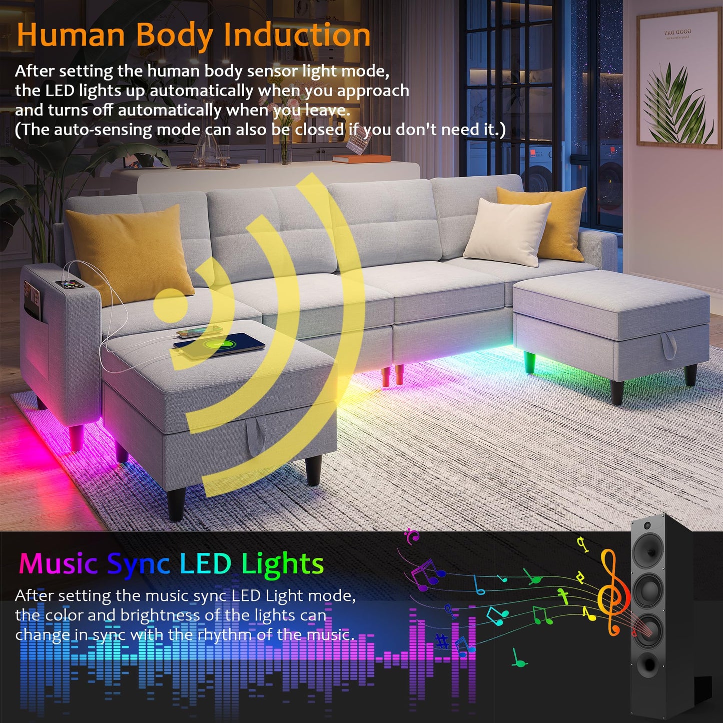 SKKTKT LED Sectional Couches for Living Room, Modular Sectional Sofa Set with Storage Ottomans, Oversized U Shaped Sofa Couch with Auto Sensor RGB Lights and Charging Station (Light Grey) - WoodArtSupply