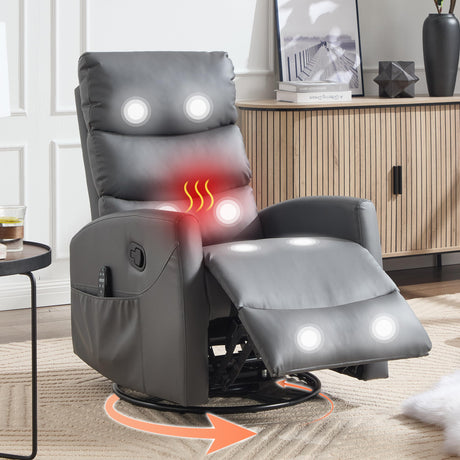 Manual Swivel Rocker Recliner Chair with Massage, Overstuffed Recliner Glider with Vibration Massage and Heat for Nursery, Living Room Reclining Sofa Chair, PU Leather Gray Luxlen