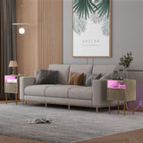 JOONEE Modern Nightstand with Charging Station and LED Lights, White Bedside Table with Drawer, Fluted Side Table for Living Room, Bedroom JOONEE