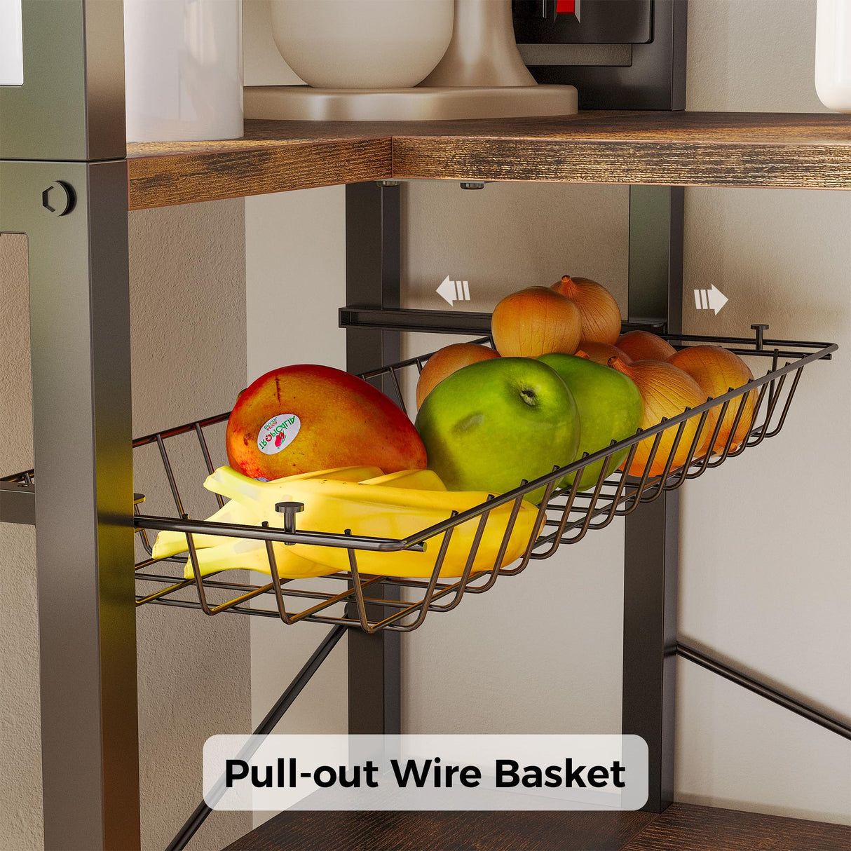 IRONCK Bakers Rack with Power Outlet, 5-Tier Corner Microwave Stand with Storage, Coffee Bar with 6 S-Shaped Hooks, Kitchen Shelves with Wire Basket IRONCK
