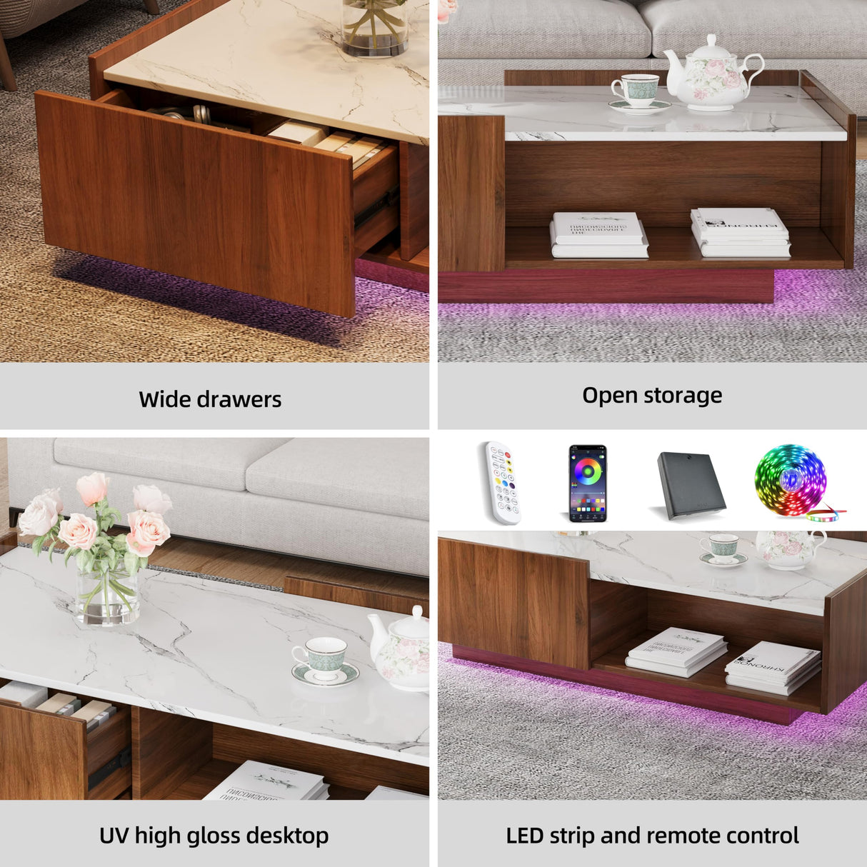 Mid Century Modern Coffee Table, 47.2" LED Rectangle Accent Center Table with 2 Sliding Drawers and Open Display Shelf for Living Room, (Walnut Grain and High Glossy White Marble Color Top Plate) Svimi