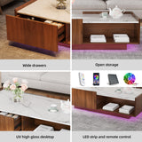 Mid Century Modern Coffee Table, 47.2" LED Rectangle Accent Center Table with 2 Sliding Drawers and Open Display Shelf for Living Room, (Walnut Grain and High Glossy White Marble Color Top Plate) Svimi