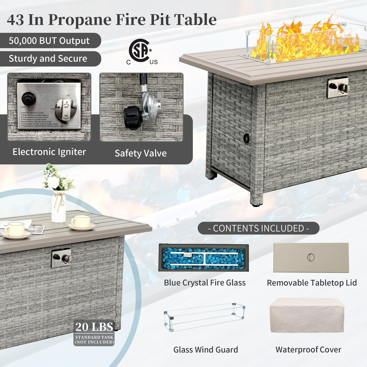 WAROOM Patio Furniture Set 6 Piece Grey Wicker Outdoor Furniture Patio Sectional Sofa Couch PE Rattan Conversation Sets with Fire Pit Table, Grey cushion WAROOM